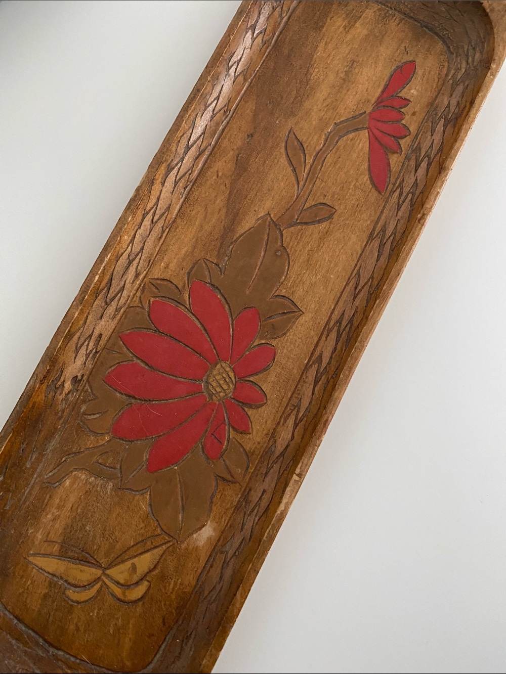 Hand-Carved Wooden Tray with Red Floral Inlay - Picture 3 of 6